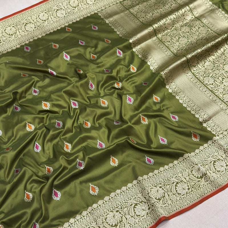 Mehandi green colour pure katan silk Handwoven banarasi saree