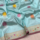 Sky blue colour pure katan silk handwoven banarasi saree
