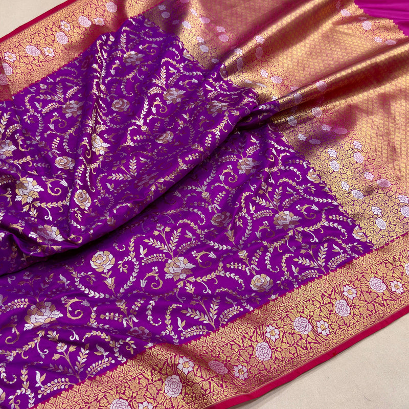 Purple colour pure katan silk Handwoven banarasi saree
