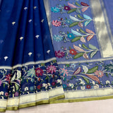 Peacock colour pure kora jamdani handwoven Banarasi saree