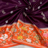 Wine colour pure katan silk Handwoven banarasi saree