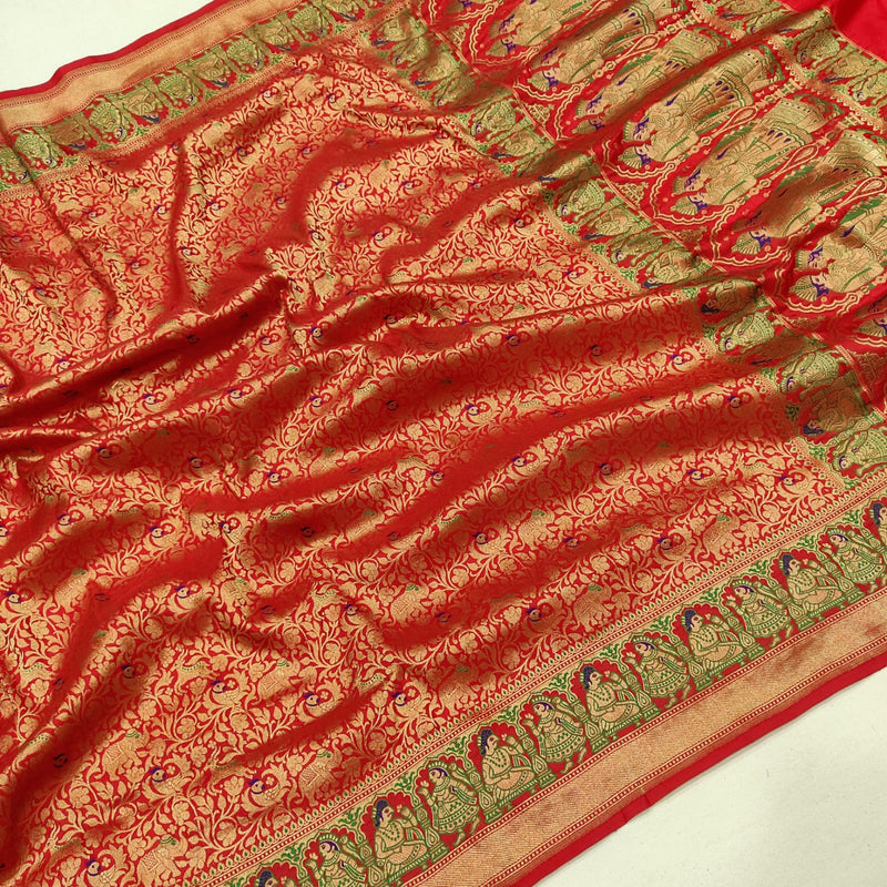 Red colour Pure Katan Silk Handwoven Banarasi tanchoi Saree