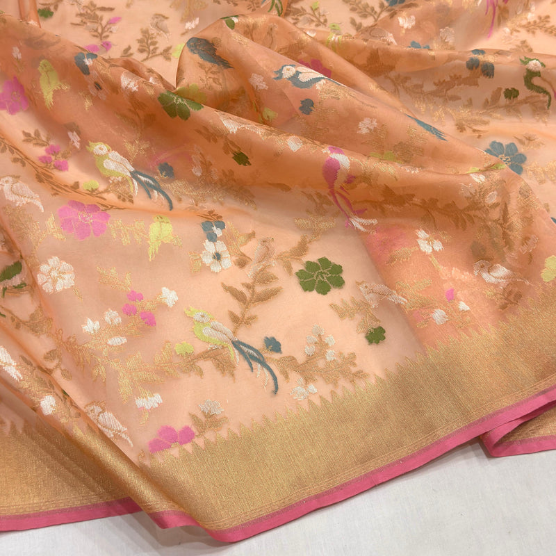 Peach colour pure kora jamdani handwoven Banarasi saree