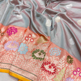 Grey colour pure katan silk Handwoven banarasi  saree