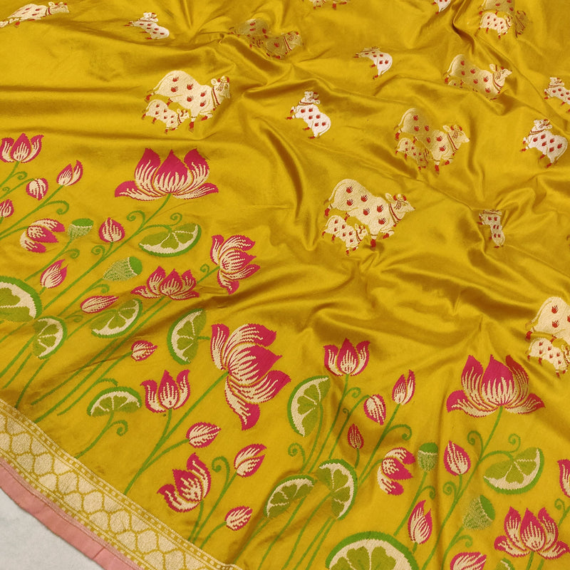 Yellow colour pure katan silk Handwoven banarasi saree