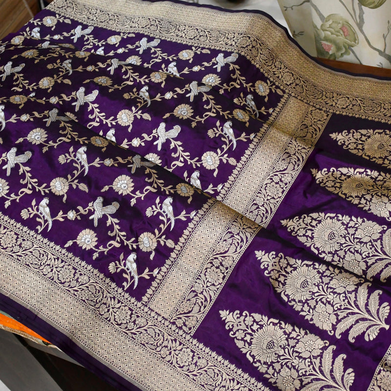 Purple colour pure katan silk handwoven banarasi saree
