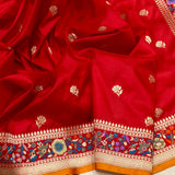 Red colour pure katan silk Handwoven banarasi saree