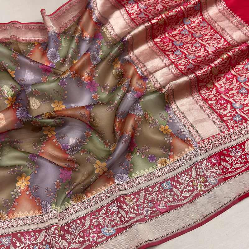 Multicolour Pure kora digital print handwoven banarasi saree