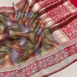 Multicolour Pure kora digital print handwoven banarasi saree