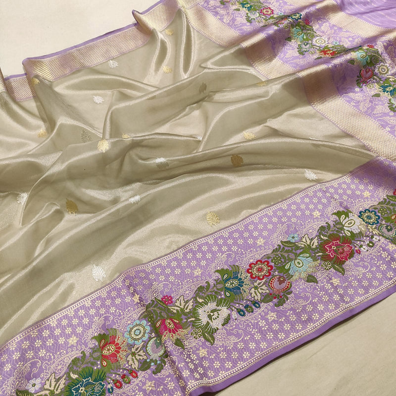Grey Colour Pure Tissue Silk Handwoven Banarasi Saree