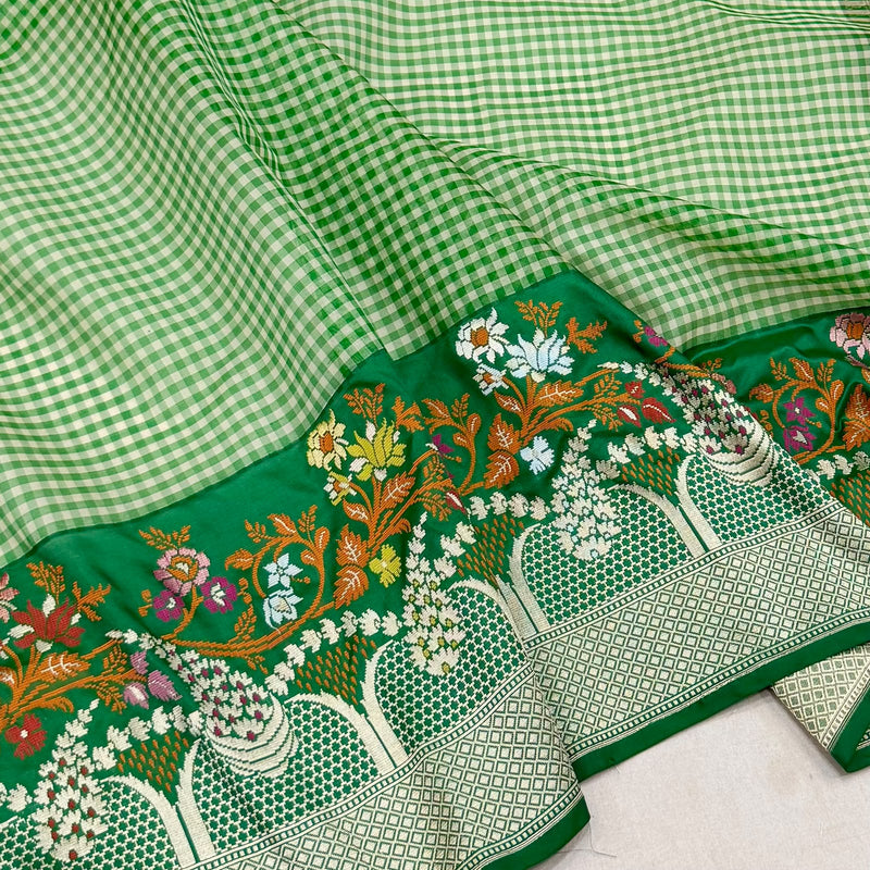 Green colour pure kora handwoven banarasi saree