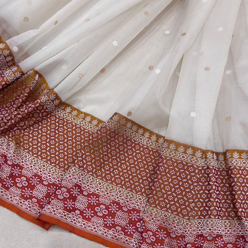 White colour pure Kora handwoven Banarasi saree
