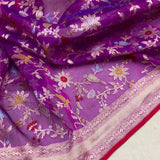 Purple colour pure Kora jamdani handwoven banarasi saree