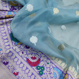 Blue colour pure kora handwoven banarasi saree