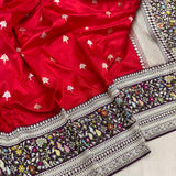 Red colour pure katan silk Handwoven banarasi saree