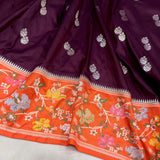 Wine colour pure katan silk Handwoven banarasi saree