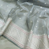 Grey colour pure kora handwoven banarasi saree