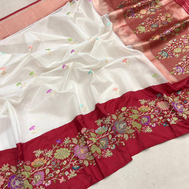 White colour pure kora Handwoven Banarasi saree