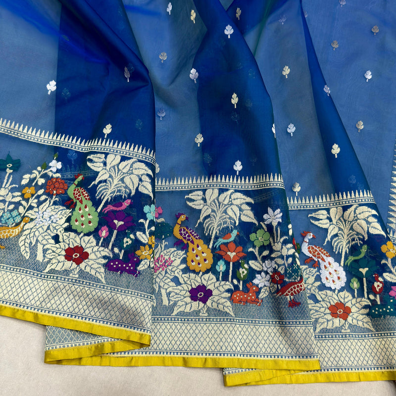 Peacock colour pure kora jamdani Handwoven banarasi saree