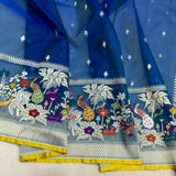 Peacock colour pure kora jamdani Handwoven banarasi saree