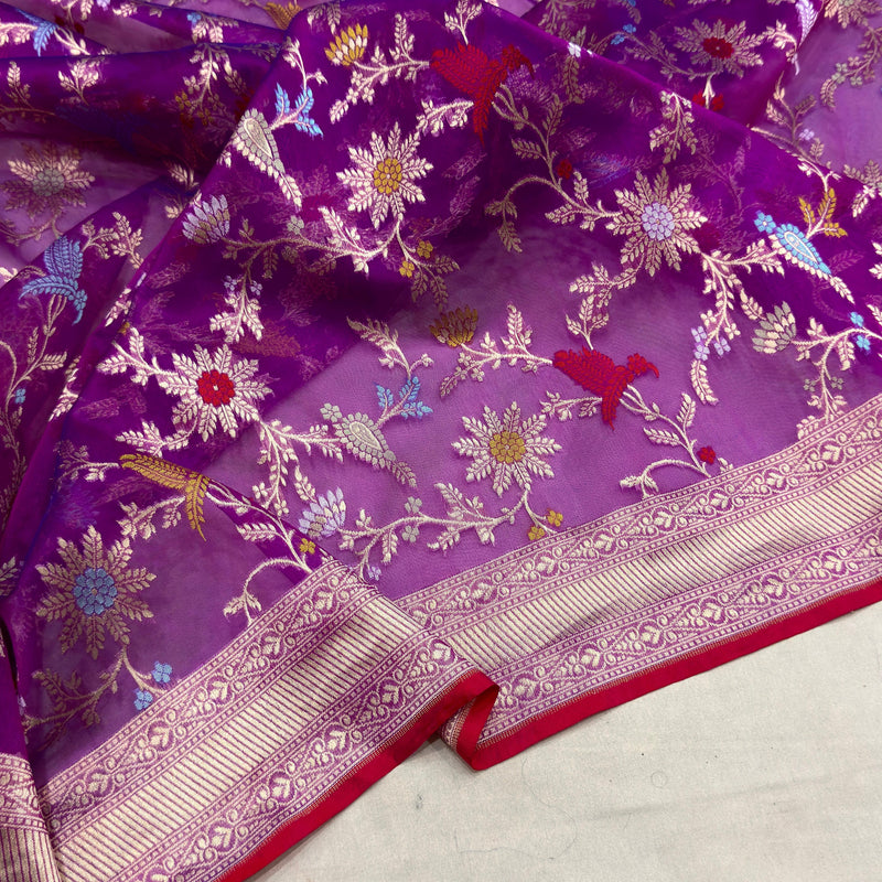 Purple colour pure Kora jamdani handwoven banarasi saree
