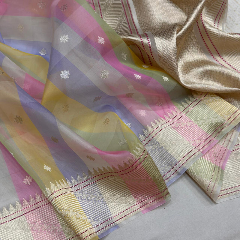Multicolour pure kora Handwoven banarasi saree