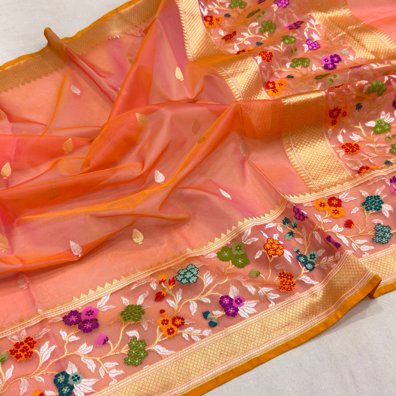 Orange color pure kora handwoven banarasi saree
