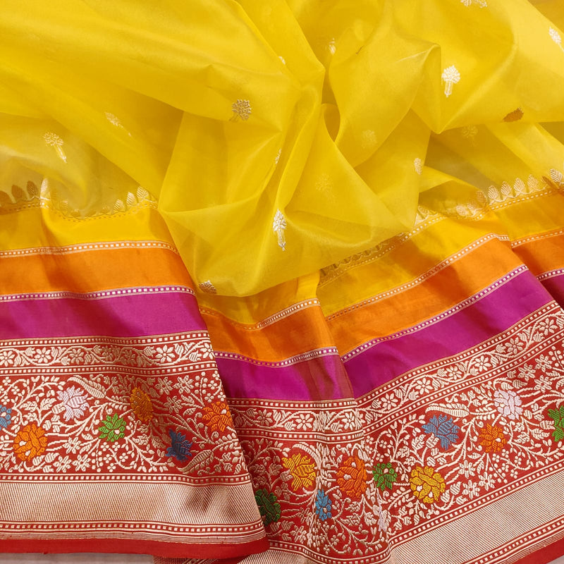 Yellow colour pure Kora handwoven banarasi saree