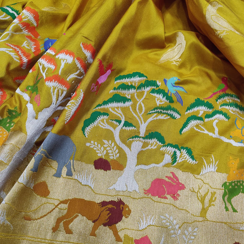 Mustard yellow colour pure katan silk Handwoven banarasi saree