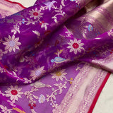 Purple colour pure Kora jamdani handwoven banarasi saree