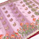 Pink colour pure kora Handwoven Banarasi saree