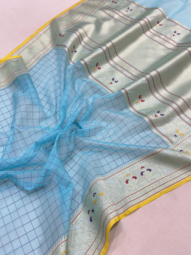 Sky blue colour pure kora handwoven banarasi saree