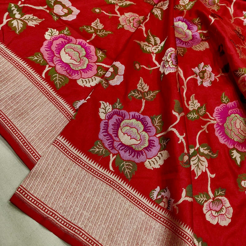 Red colour pure katan silk handwoven banarasi saree