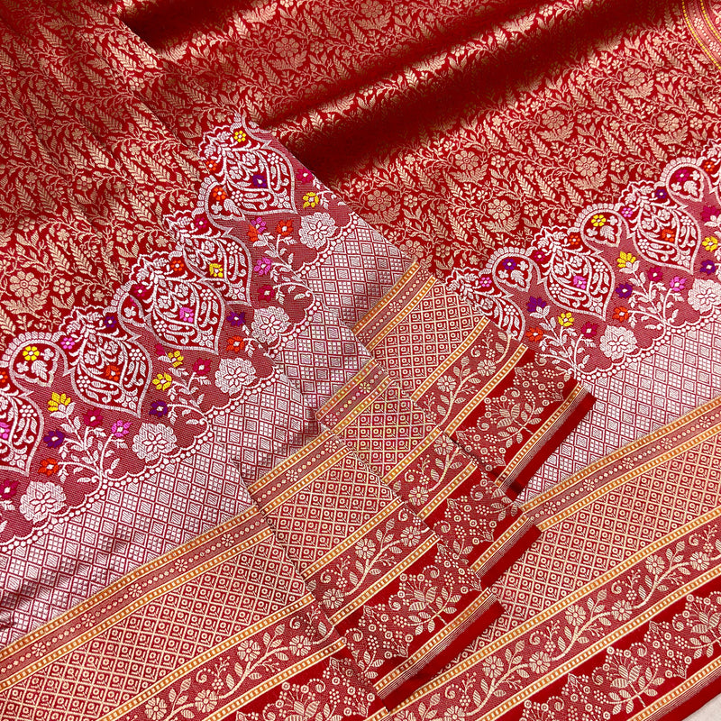 Red colour pure katan silk Handwoven banarasi tanchoi saree