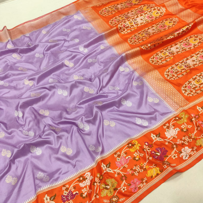 Levender Color Pure Katan Silk Handwoven Banarasi Saree