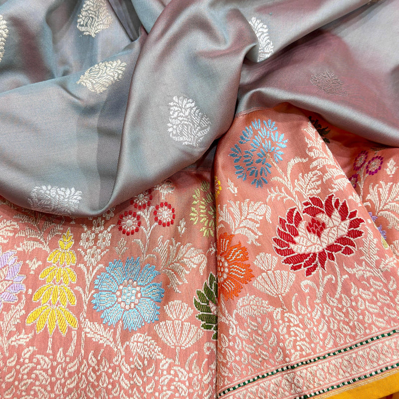 Grey colour pure katan silk Handwoven banarasi  saree