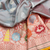 Grey colour pure katan silk Handwoven banarasi  saree