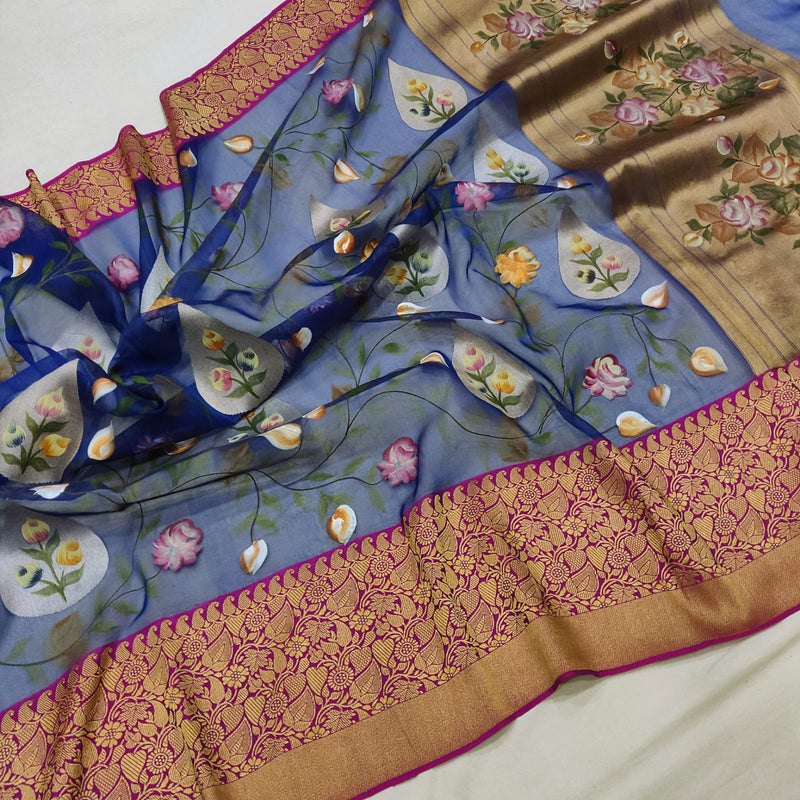 Blue Color Pure Kora Silk Handwoven Banarasi Saree
