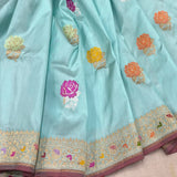 Sky blue colour pure katan silk handwoven banarasi saree