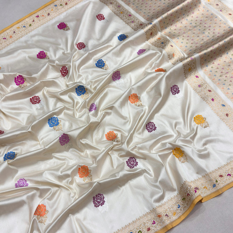 Off white colour pure katan silk handwoven banarasi saree