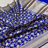 Royal blue colour pure katan silk Handwoven banarasi saree