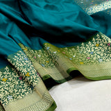 Peacock green colour pure katan silk Handwoven banarasi saree