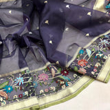 Purple colour pure kora jamdani Handwoven banarasi saree