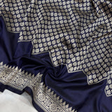 Nevi blue colour pure katan silk Handwoven banarasi saree