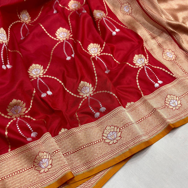 Red colour pure katan silk Handwoven banarasi saree