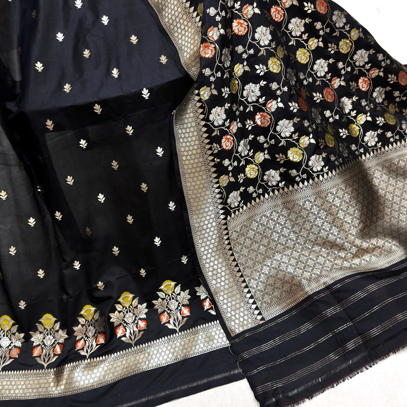 Black colour pure katan silk Handwoven banarasi two piece suit
