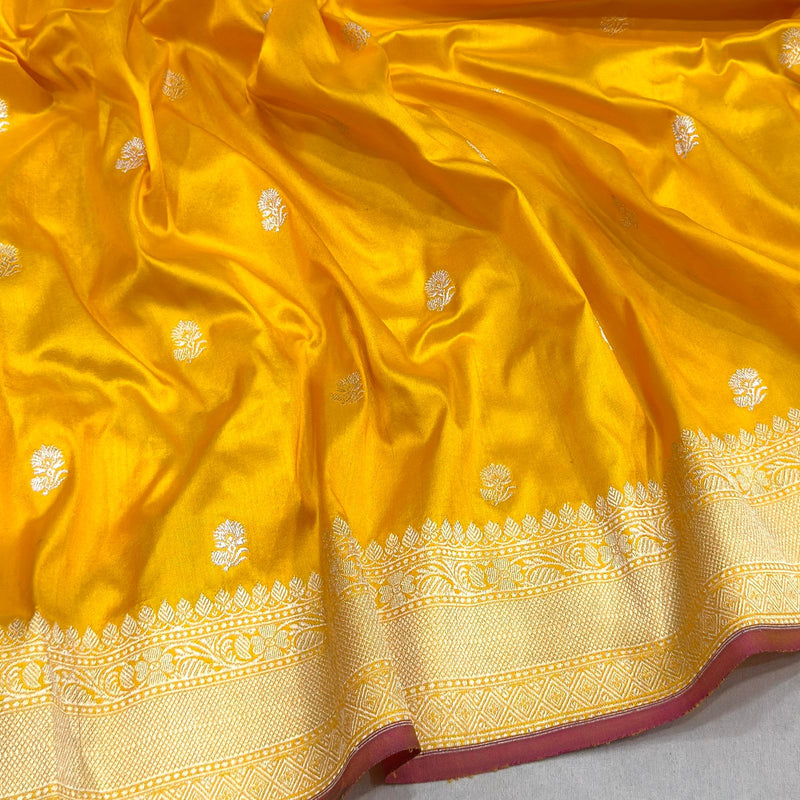 Yellow colour pure katan silk handwoven banarasi saree