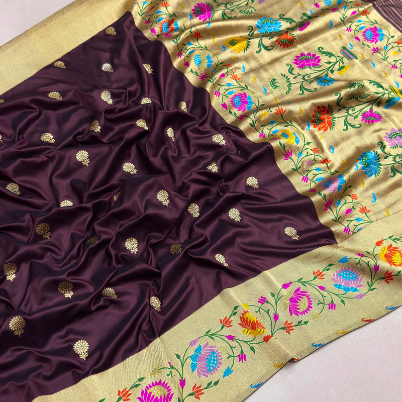 Brown colour pure katan silk handwoven banarasi saree