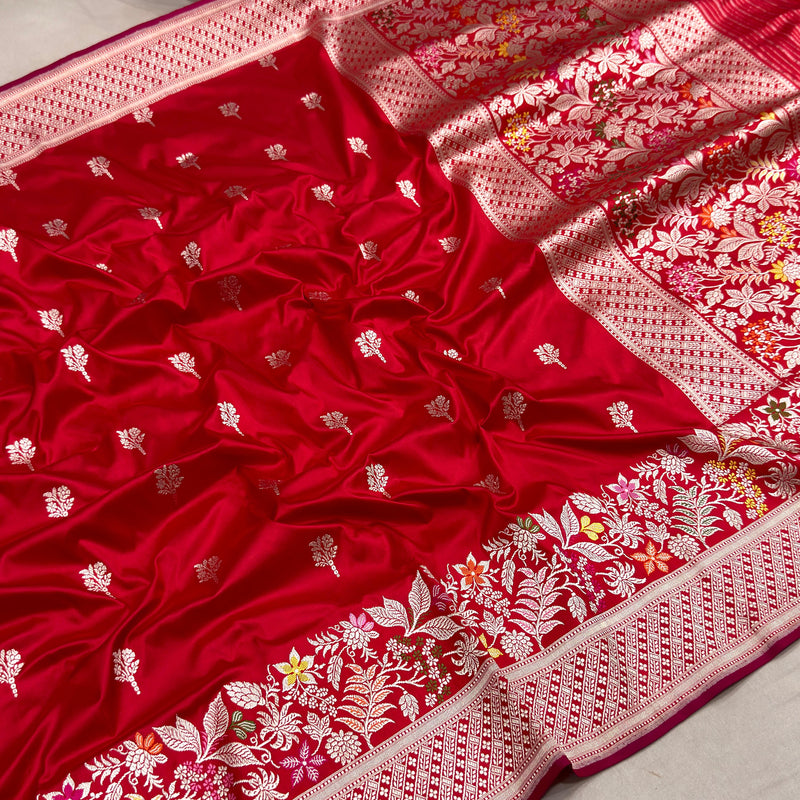 Red colour pure katan silk handwoven banarasi saree