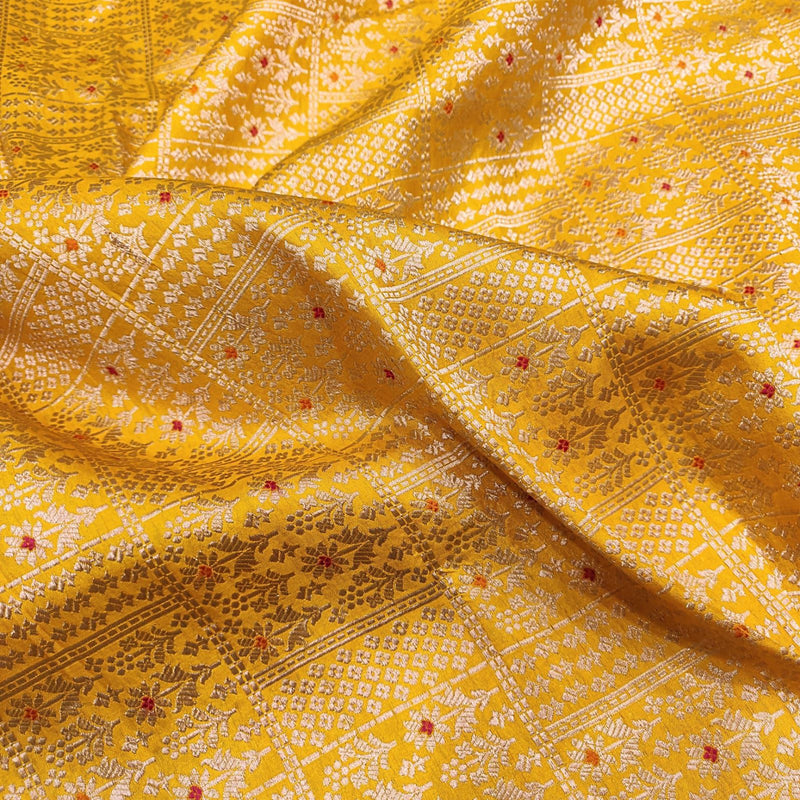 Yellow colour Pure Katan Silk Banarasi Fabric